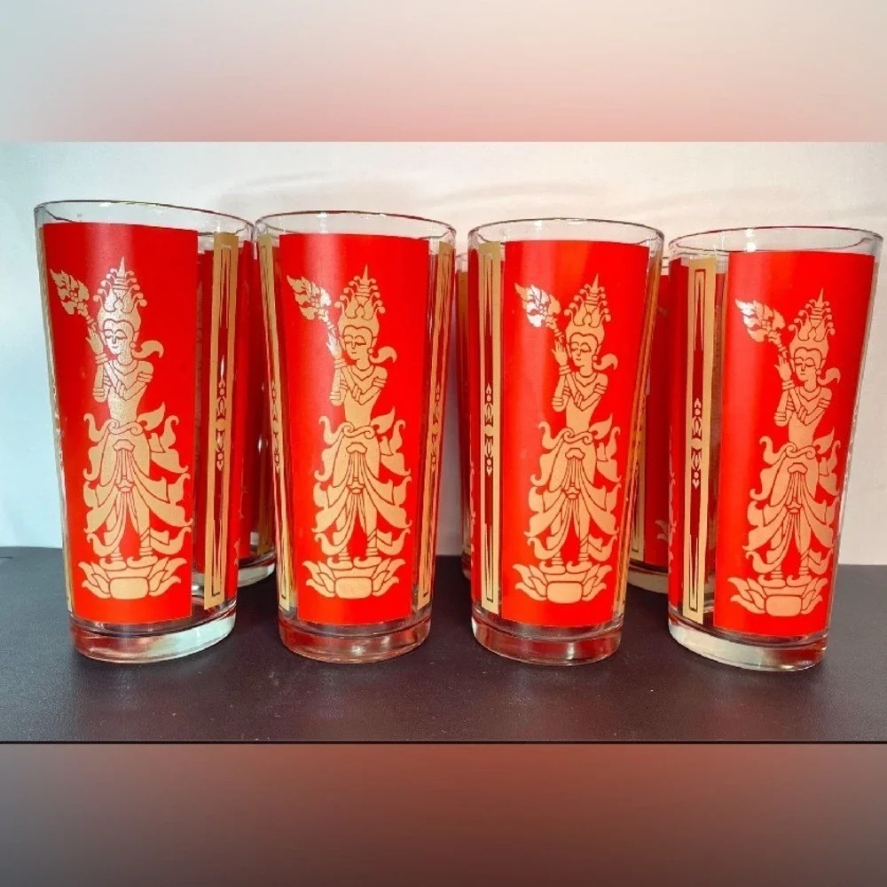 Unbranded Thai Goddess Highball Glasses Set of 8 Red Gold Vintage Excellent